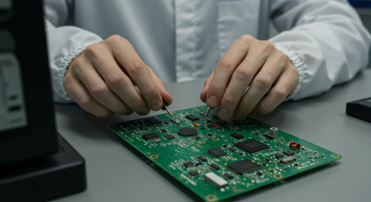 Engineer assembling adiabatic logic circuit on a PCB in a cleanroom