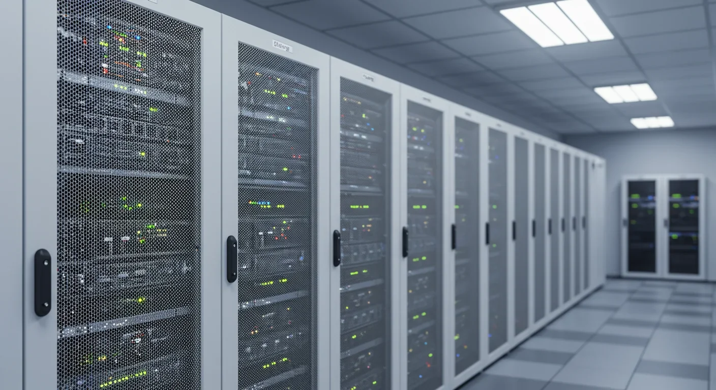 White server racks with cooling fans and LED status lights