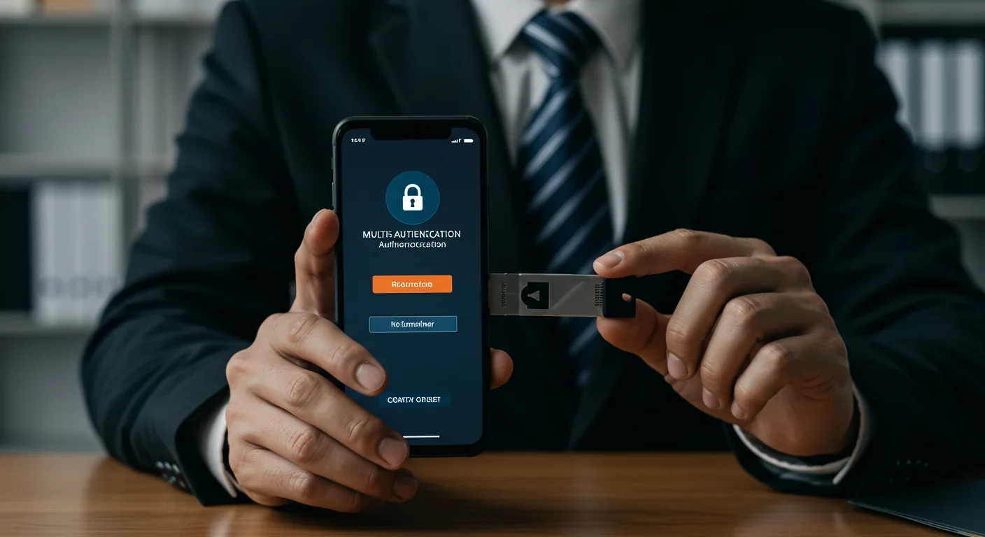 Professional using multi-factor authentication with hardware security key on smartphone