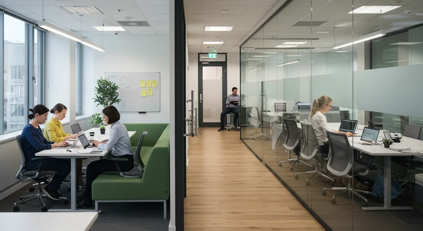 Distributed workforce accessing cloud resources from various locations in modern office